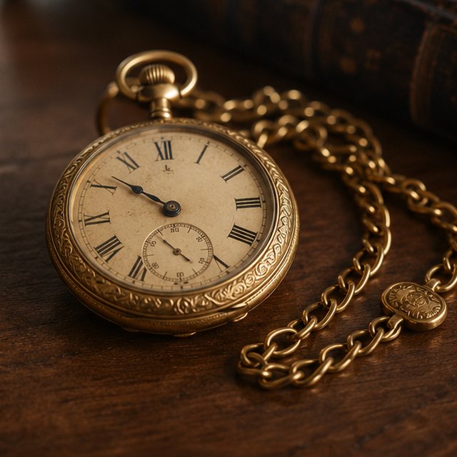 An antique gold pocket watch with chain